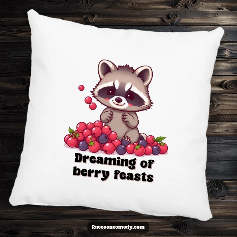 Funny raccoon berry juggling pillow featuring a small raccoon with tiny paws juggling a pile of shiny berries, designed for comfortable, whimsical decor.