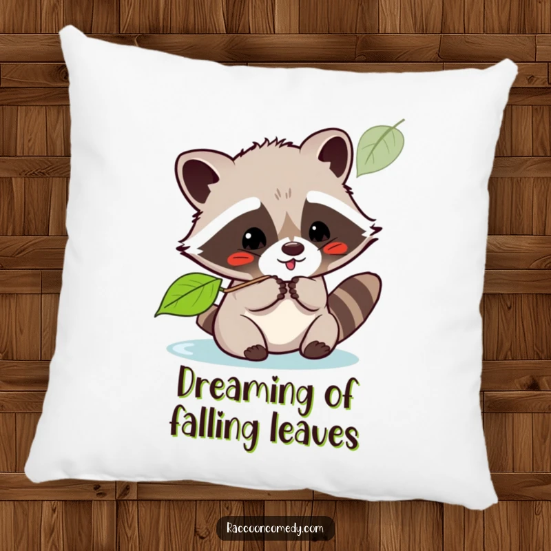 Funny kawaii raccoon playfully batting at a leaf, printed on a soft pillow, bringing cuddly fun and nature's charm.