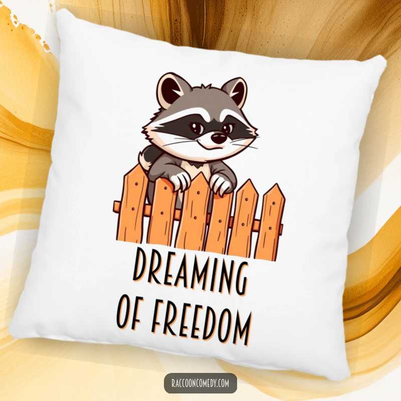 Funny pillow depicting a sly raccoon with a grin scaling a fence, offering soft comfort and a touch of humorous adventure.