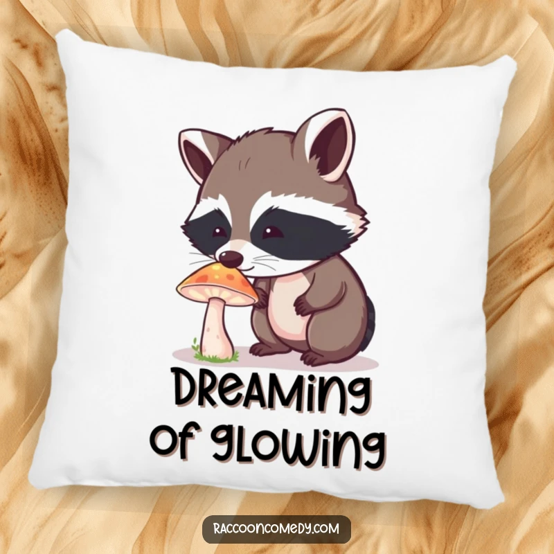 Funny Raccoon Pillow: A curious raccoon rests near a glowing mushroom, radiating peaceful wonder and comfort.