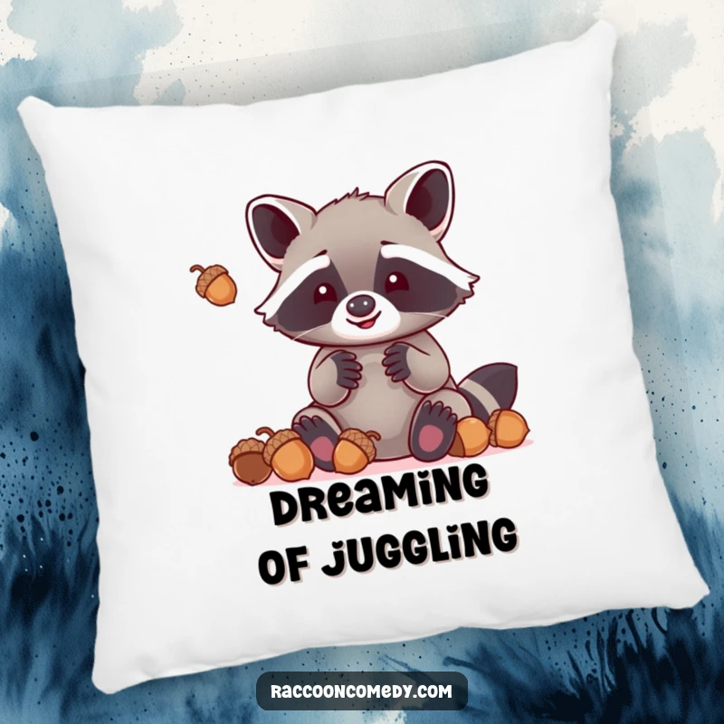 Funny kawaii raccoon with oversized paws attempting to juggle acorns, presented on a plush pillow for comfort and comedic value.