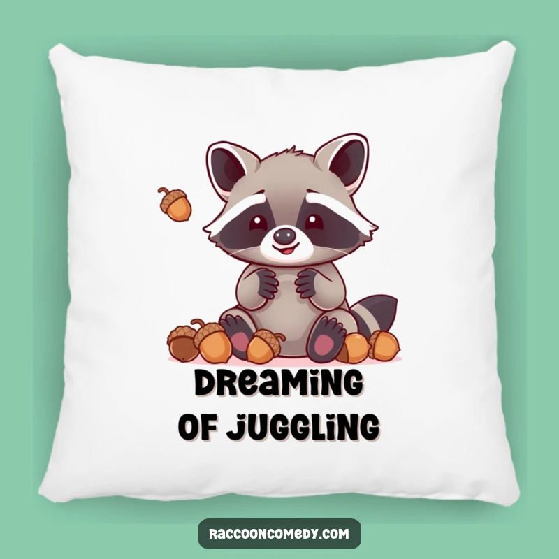 Funny Kawaii Raccoon Pillow: Juggling Acorns with Large Paws, Cozy & Humorous Decor