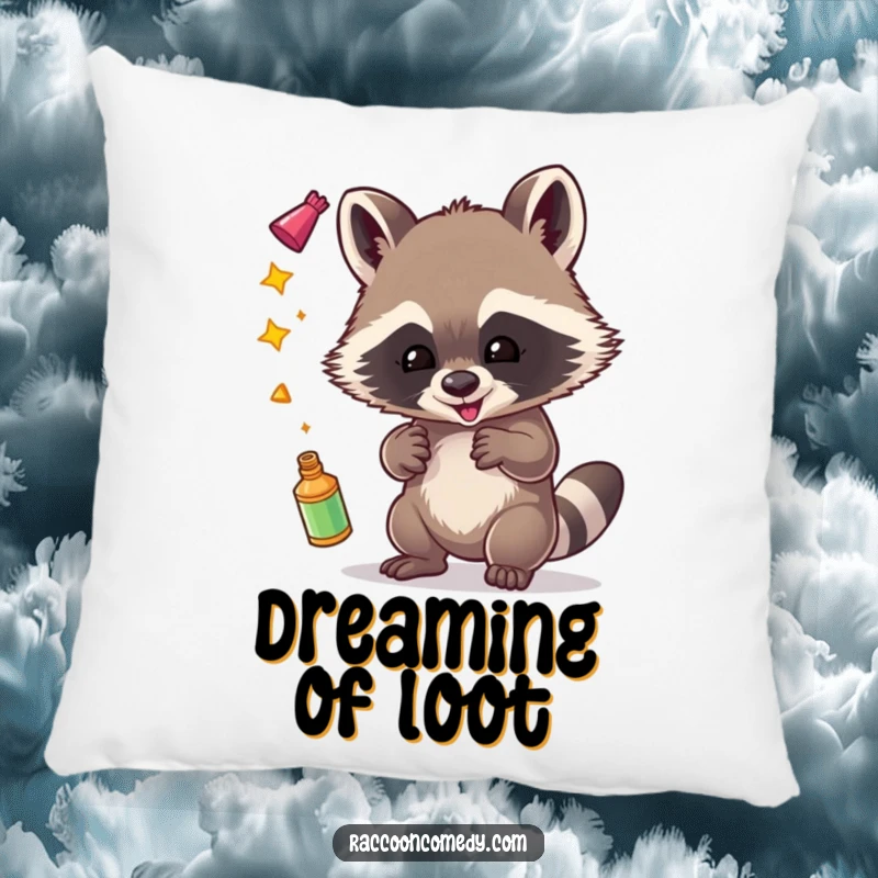 Funny pillow showcasing a happy raccoon gleefully juggling assorted shiny objects, adding a touch of playful decor.