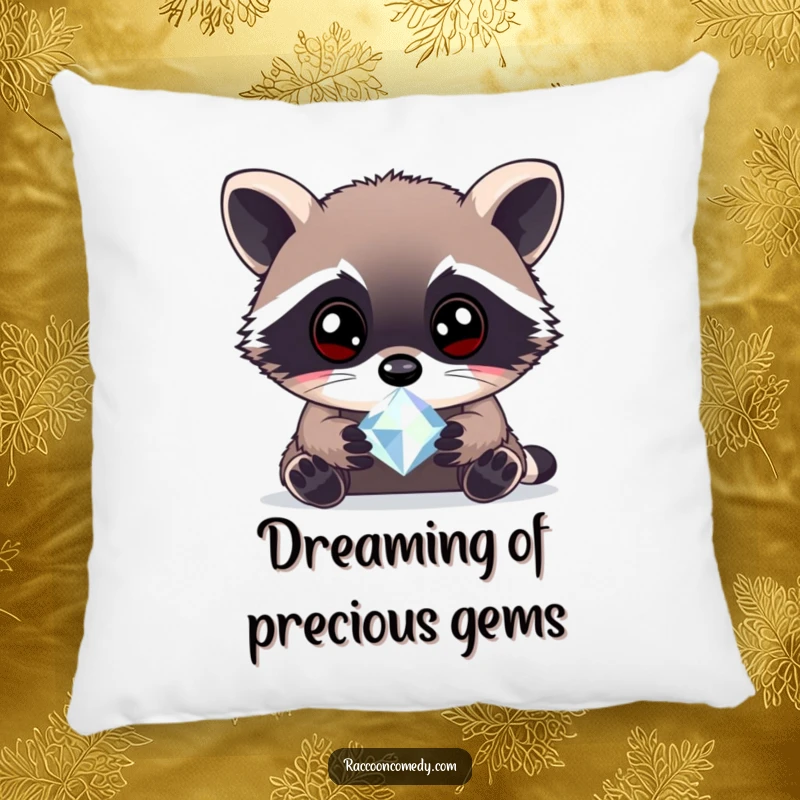 Funny curious raccoon gem pillow with a raccoon examining a sparkling gem, designed for comfortable humor and a touch of woodland enchantment.