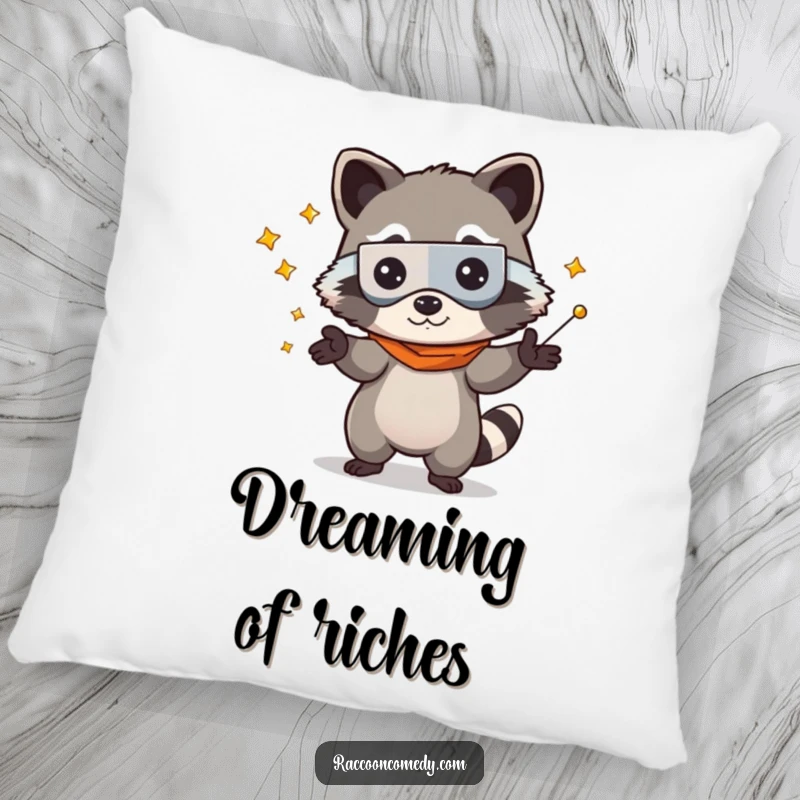 Funny kawaii raccoon in a tiny bandit mask, humorously juggling baubles on a soft pillow, perfect for cuddling.