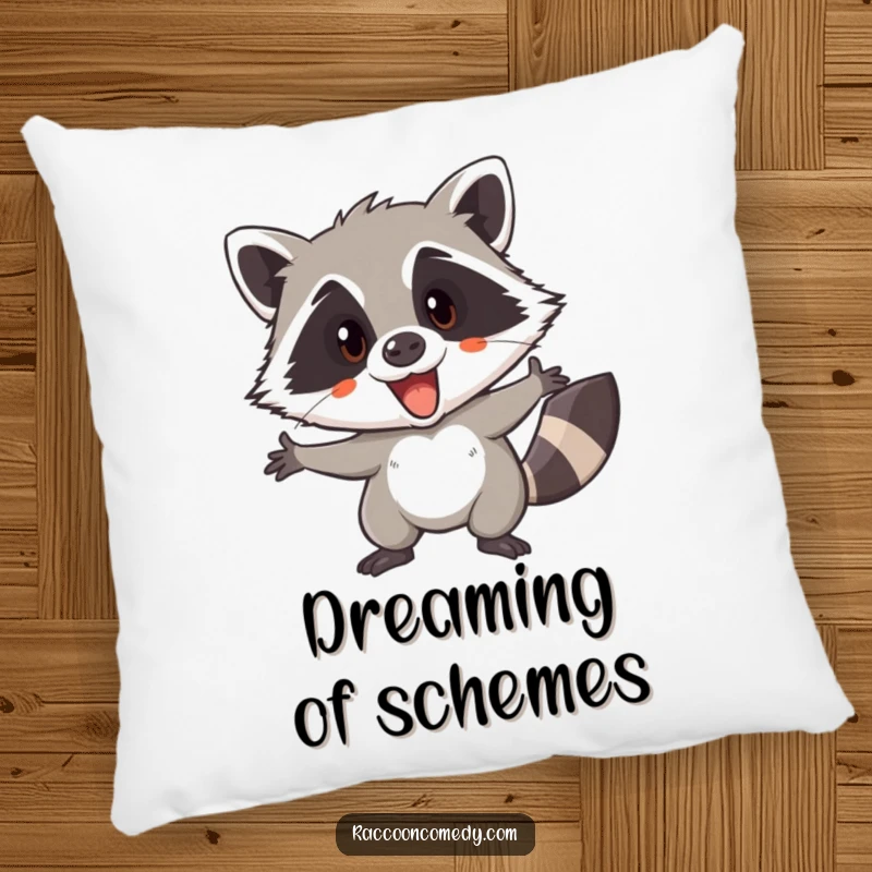 Funny, plush pillow featuring an excited raccoon ready for a secret mission or a grand, daring adventure.