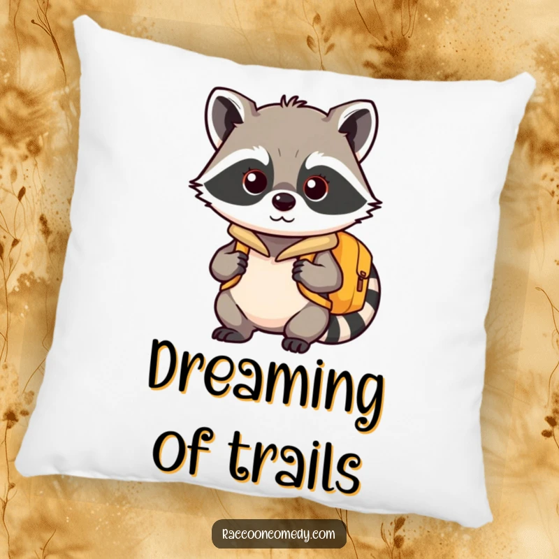 Funny kawaii raccoon pillow, equipped with a tiny backpack, offering comfort and a sense of adventure.