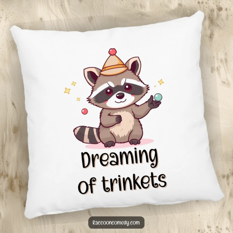 Funny cute raccoon pillow, miniature hat, juggling sparkling items, plush comfort, delightful funny gift.