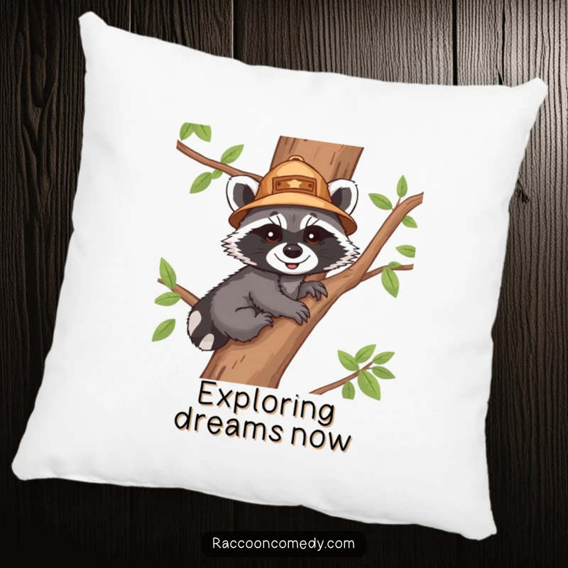 Funny pillow showcasing a cute raccoon cub in an explorer hat, climbing a tree, offering comfort and a delightful touch of humor.