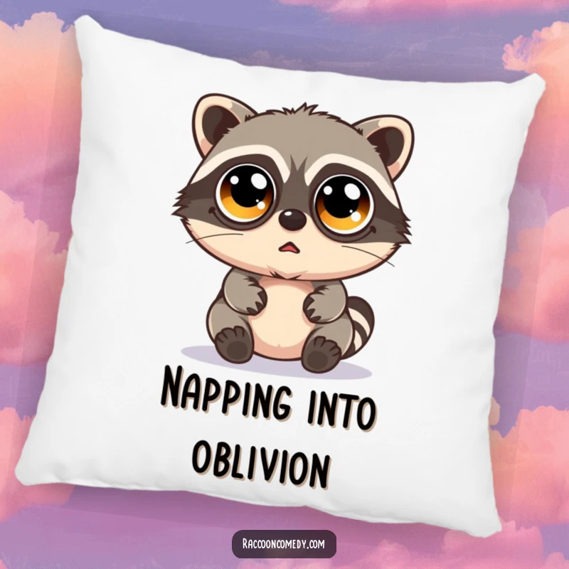 Funny kawaii raccoon with enormous googly eyes and a bewildered stare, printed on a soft, huggable pillow.
