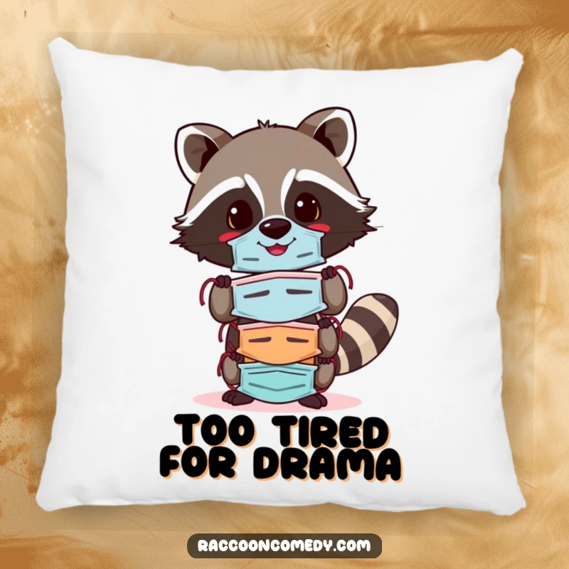 Funny raccoon pillow featuring a cheerful raccoon balancing a stack of colorful masks, perfect for adding comfort and a touch of playful humor.