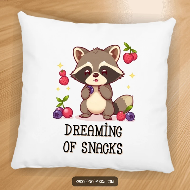 Funny Kawaii Raccoon Pillow: Soft cushion featuring a cute raccoon juggling glowing berries.