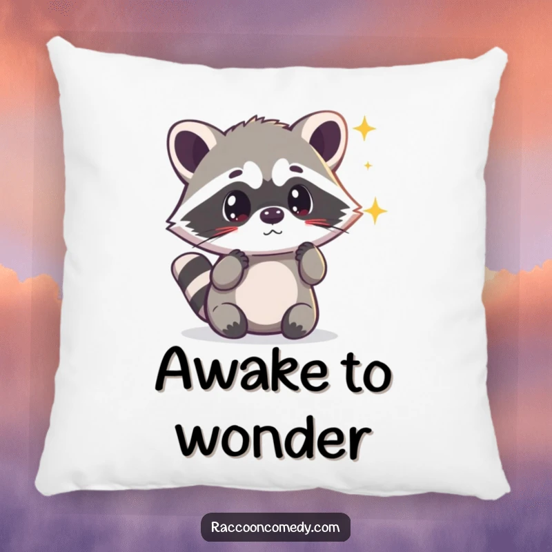 Funny kawaii raccoon looking surprised by a shimmering light, printed on a soft pillow, bringing cuddly magic and surprise.