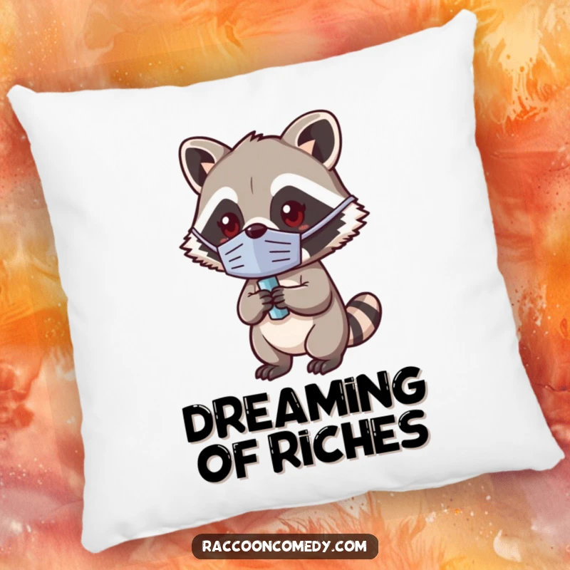 Funny Kawaii Raccoon Pillow: Soft cushion featuring a cute masked raccoon holding a shiny trinket.