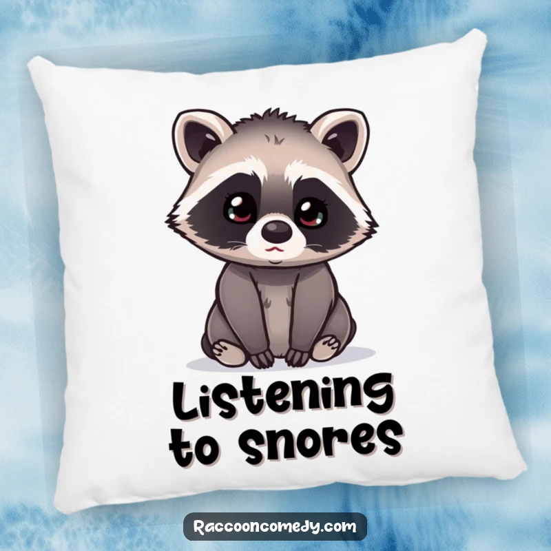 Funny kawaii raccoon with its head tilted curiously, listening intently, presented on a plush pillow for comfort and subtle humor.