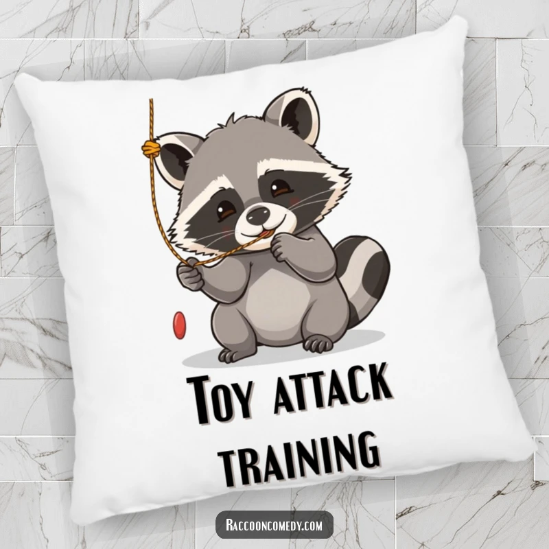 Funny kawaii raccoon pillow, caught in the act of playfully batting at a dangling string with immense joy.
