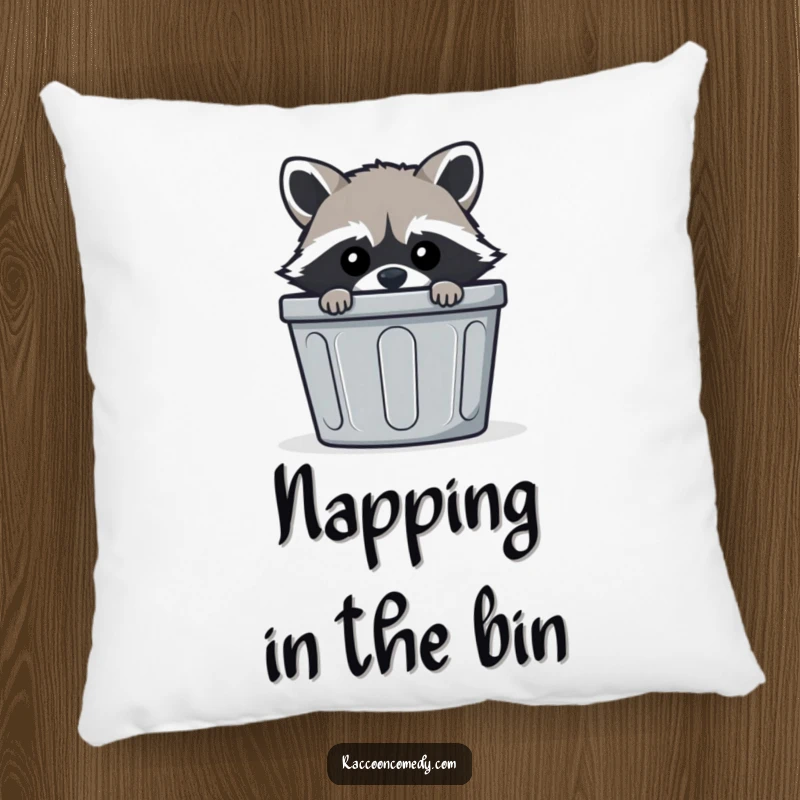 Funny mischievous raccoon pillow, peeking from trash bin, plush comfort, cute rodent, delightful funny gift.