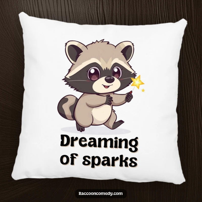 Funny playful raccoon pillow, wide eyes, chasing sparkling firefly, plush comfort, delightful funny gift.