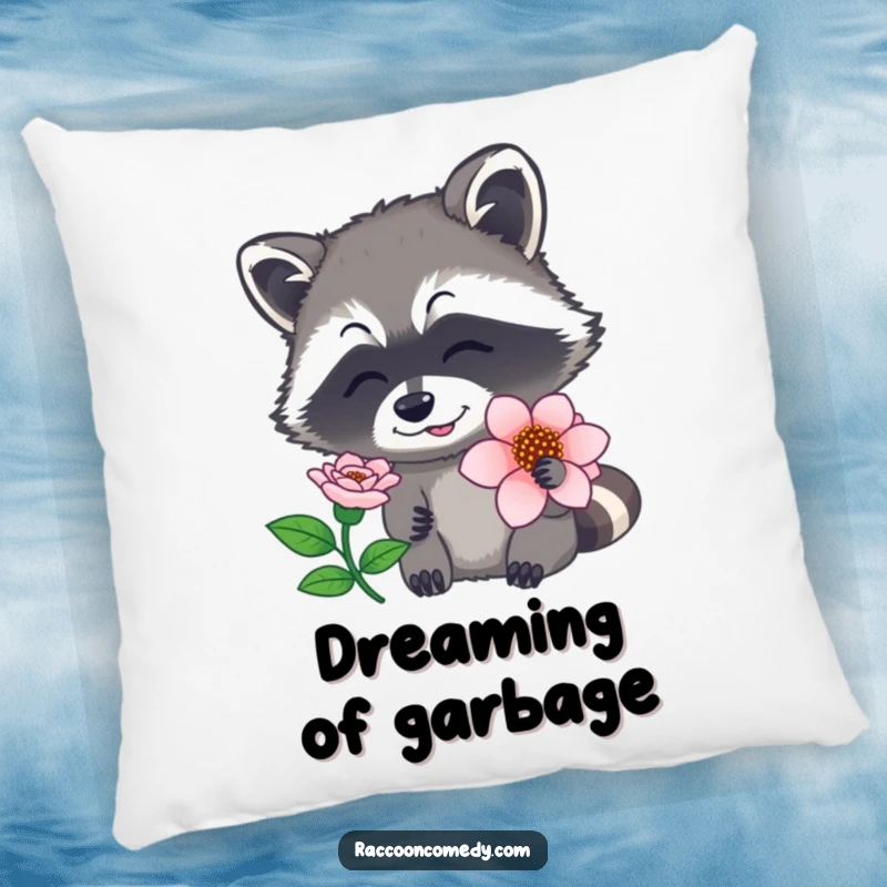 Funny raccoon pillow with a plush illustration of a raccoon sniffing a flower, nose twitching delicately, a soft funny gift.
