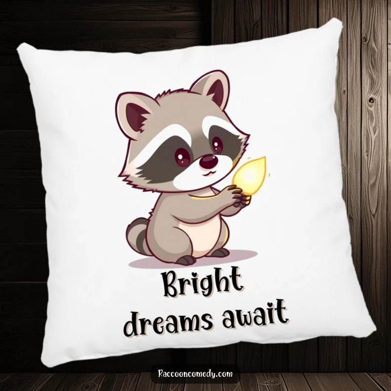 Funny raccoon pillow with a cute character looking curiously at a glowing object, adding a touch of whimsical mystery and comfort.