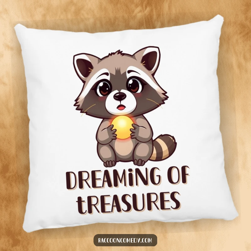 Funny raccoon pillow with a plush illustration of a surprised raccoon holding a tiny, glowing orb, a soft funny gift.