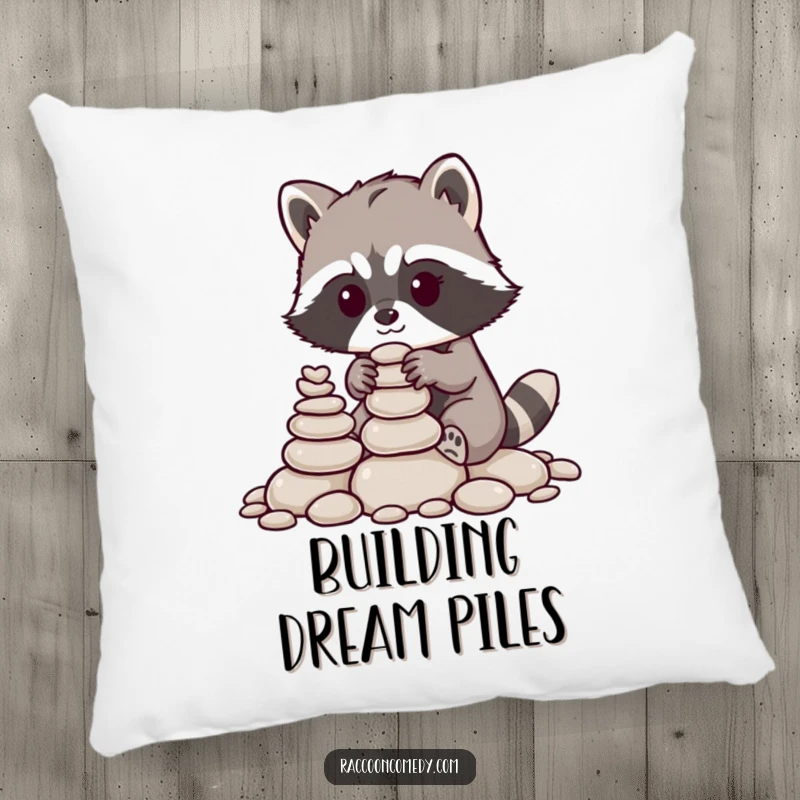 Funny raccoon pillow, soft and cozy, featuring a little raccoon with nimble paws stacking pebbles, perfect for adding comfort.