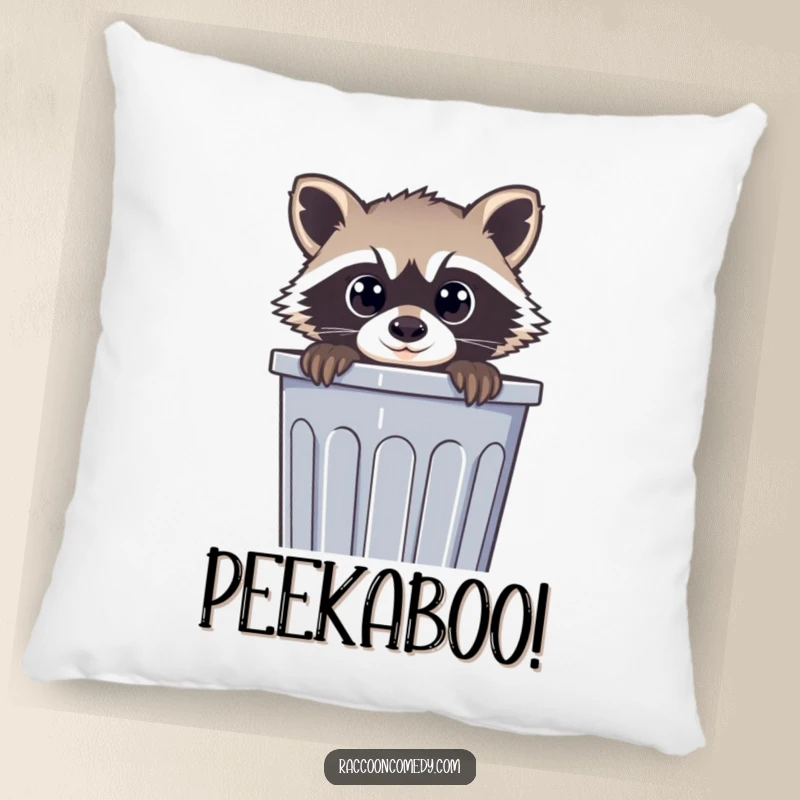 Funny pillow depicting a curious raccoon with large eyes peeking from a trash can, offering soft comfort and humorous charm.