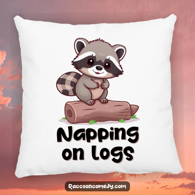 Funny Raccoon Pillow: A tiny raccoon balances joyfully on a log, offering comfort and cheer.
