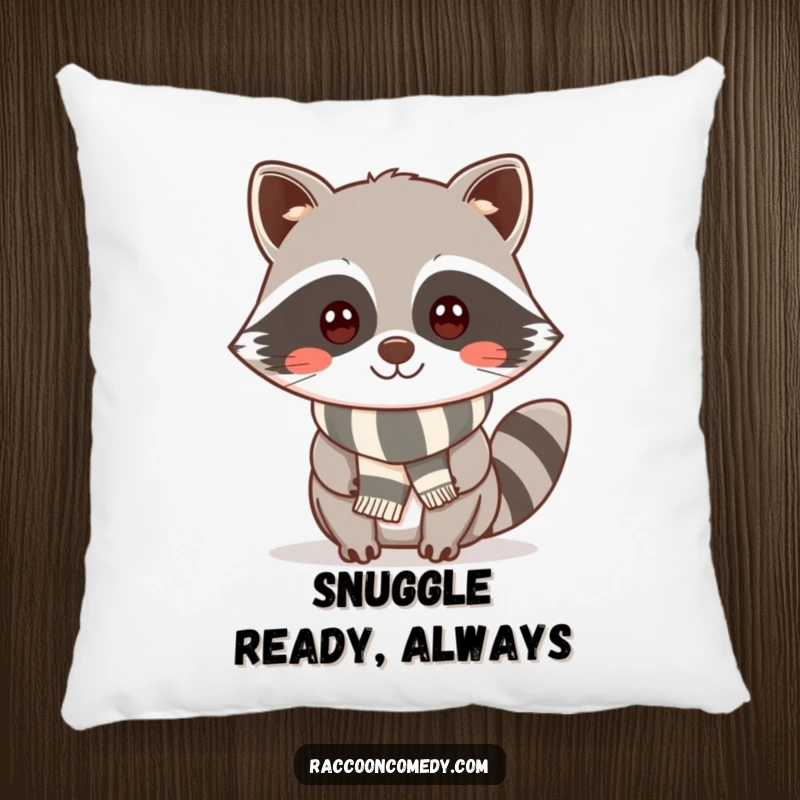 Funny kawaii raccoon with a cheeky smile and a striped scarf, printed on a soft pillow, bringing cuddly charm and warmth.