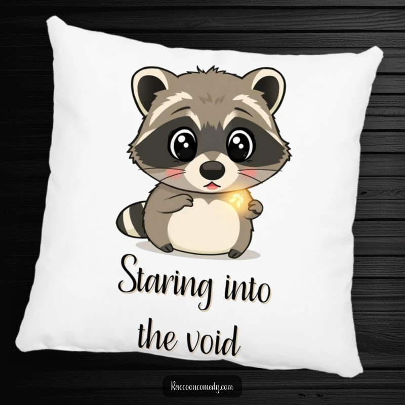 Funny raccoon pillow featuring a surprised raccoon with wide eyes, gazing at a tiny, glowing firefly, adding comfort and magical charm.