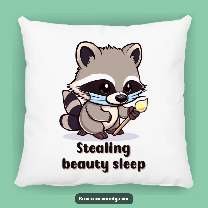 Funny Raccoon Pillow: Cozy Masked Bandit Tiptoeing with Shiny Object Accent Pillow