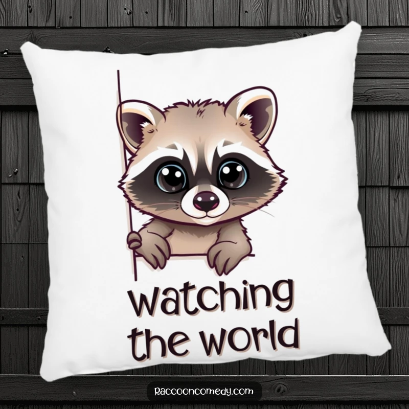 Funny pillow showcasing a raccoon with big, curious eyes peeking from behind a corner, adding playful decor.