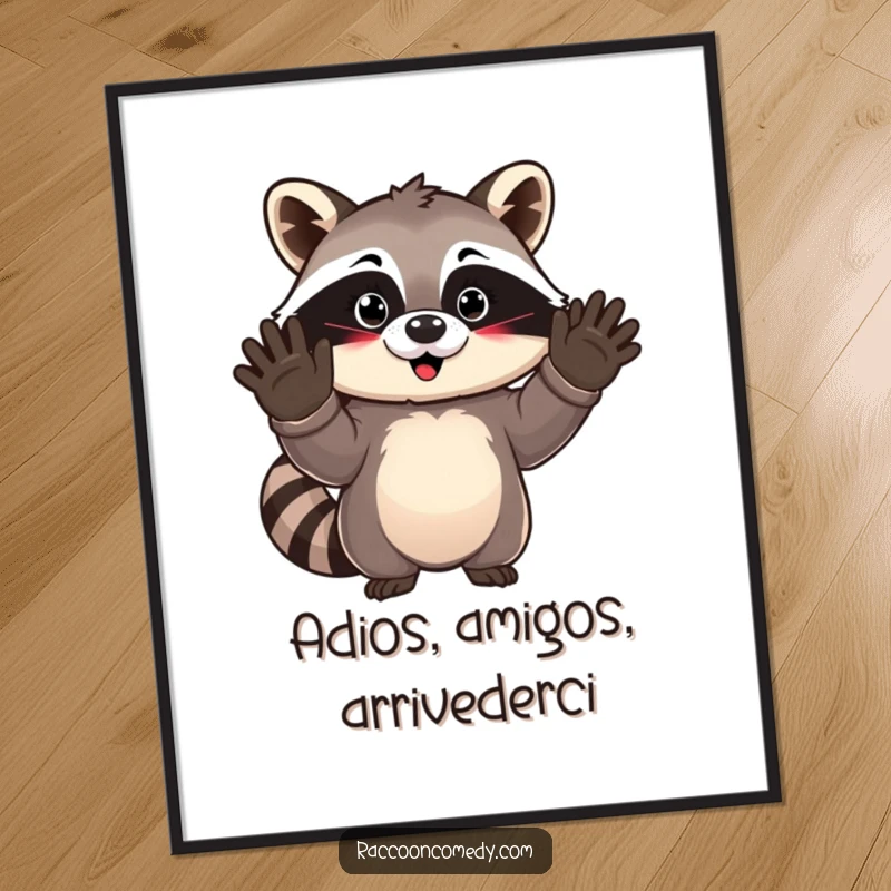 Funny kawaii raccoon enthusiastically waving goodbye, available as a digital art print for joyful and cute instant decoration.
