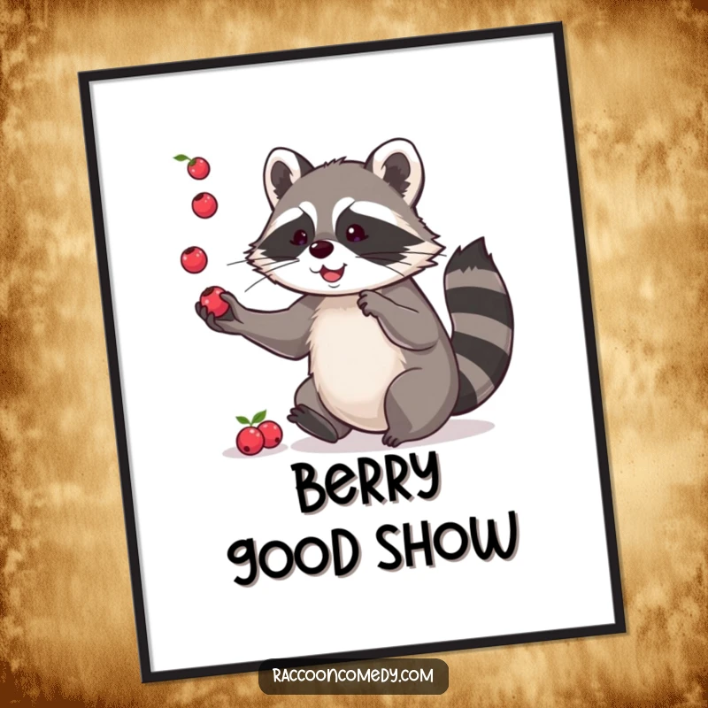 Funny digital art print of a playful raccoon juggling small berries, perfect for instant humorous decoration and showcasing dexterity.