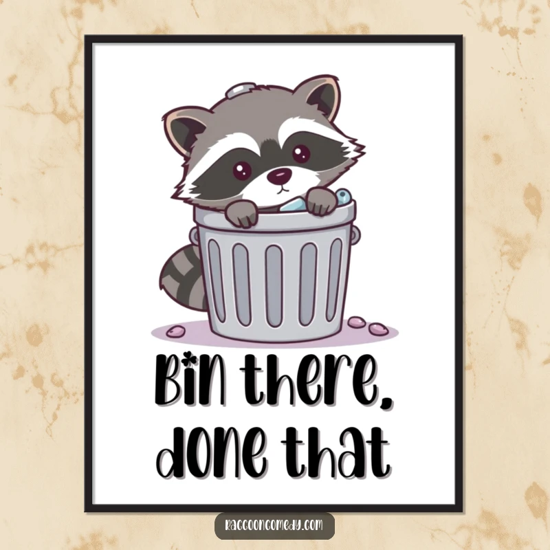 Funny mischievous raccoon trash digital art print of a raccoon peeking from behind a trash can, for immediate wall decor with a bandit’s charm.