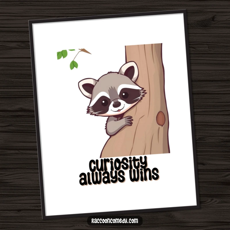 Funny raccoon digital art print, a curious raccoon peeking from behind a tree, whimsical woodland illustration, instant wall decor.