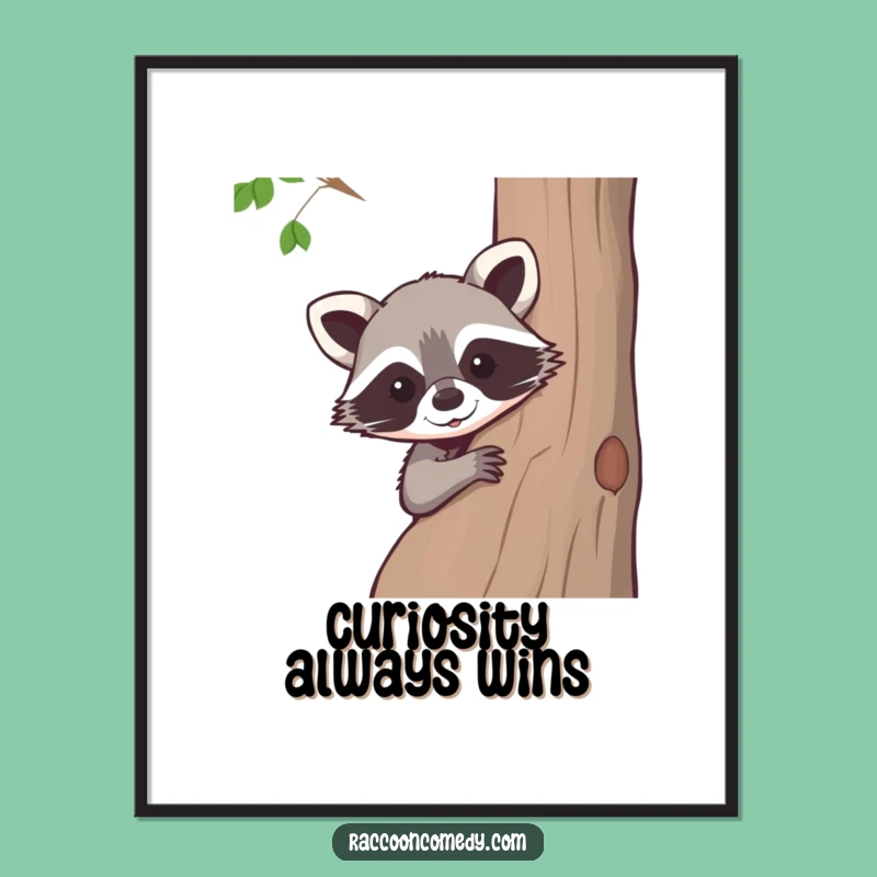 Funny Raccoon Peeking Tree Digital Art: Instant Woodland Humor for Your Walls