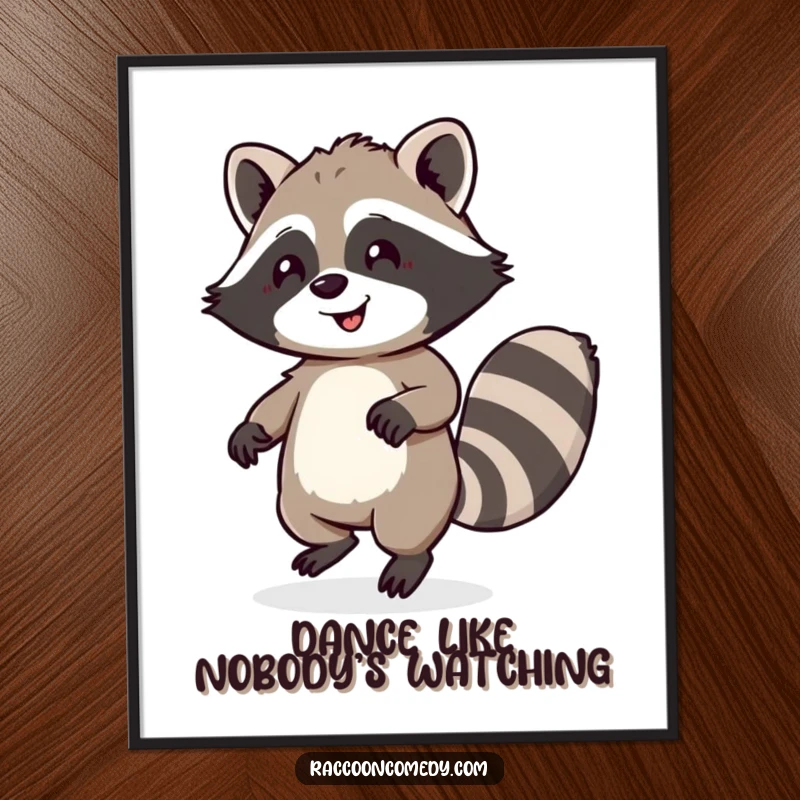 Funny digital art print of a happy raccoon dancing with a fluffy tail, perfect for instant humorous decoration and spreading cheer.