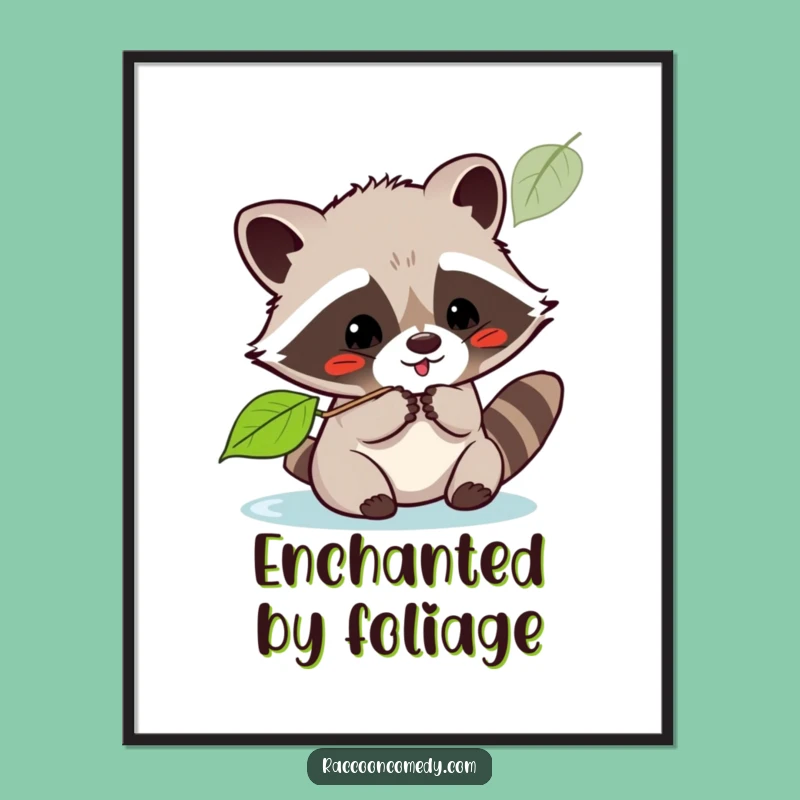 Funny Kawaii Raccoon Leaf Batting Digital Art: Instant Whimsical Charm