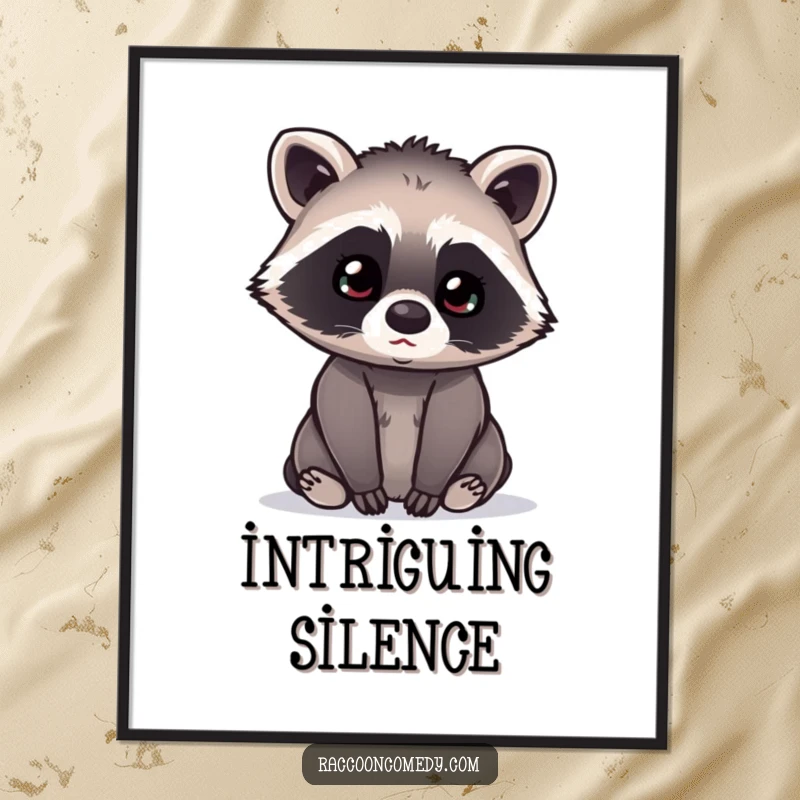 Funny kawaii raccoon with its head tilted curiously, listening intently, available as a digital art print download.