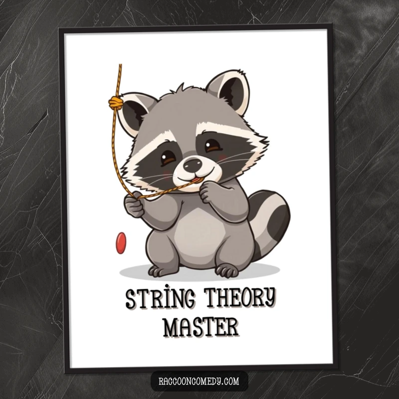 Funny kawaii raccoon digital art print, playfully batting at a dangling string, capturing a moment of pure fun.