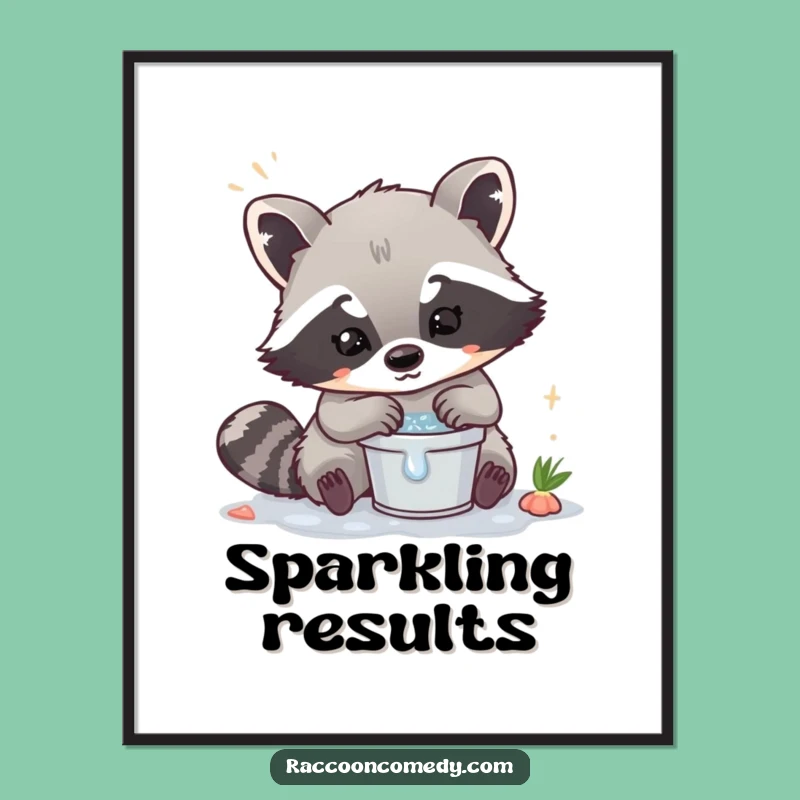 Funny Kawaii Raccoon Washing Digital Art - Instant Hilarious Download