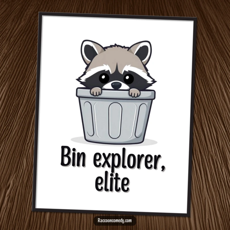 Funny mischievous raccoon digital art print, peeking from trash bin, sly animal graphic, printable wall art, humorous character.