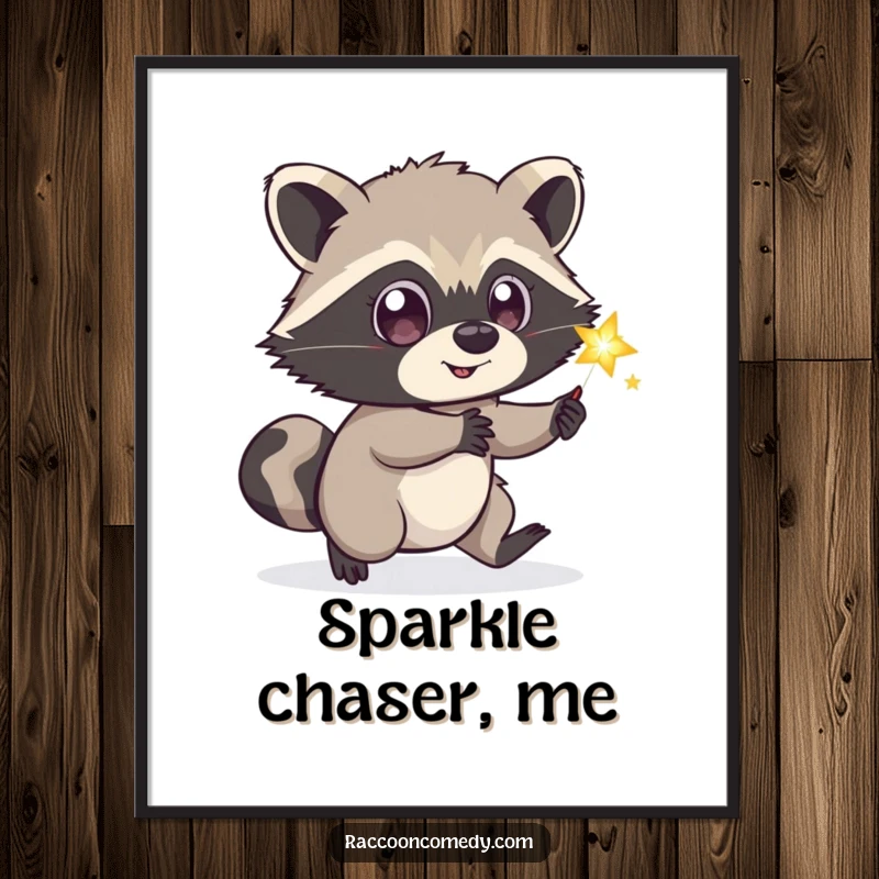 Funny playful raccoon digital art print, wide eyes, chasing sparkling firefly, printable wall art, humorous animal graphic.