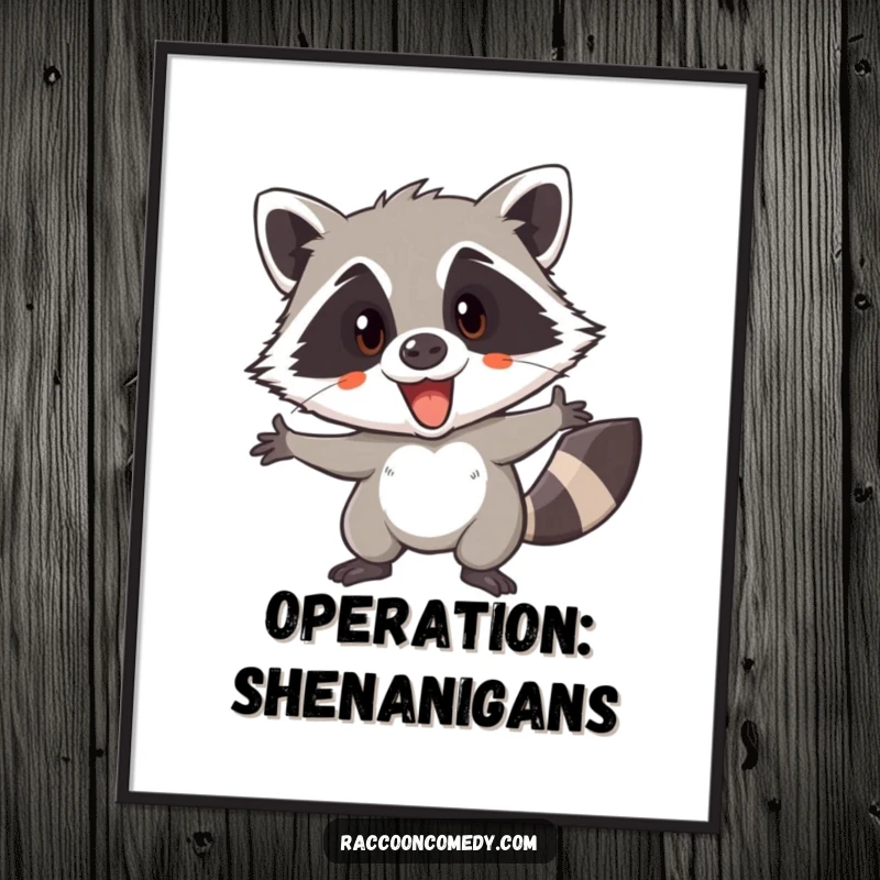 Funny digital art print of an excited raccoon, eyes gleaming with anticipation, ready for a thrilling, sneaky adventure.