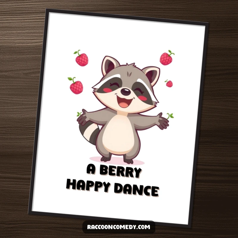 Funny raccoon digital art print, a joyful raccoon gleefully juggling berries, vibrant woodland illustration, instant wall decor.