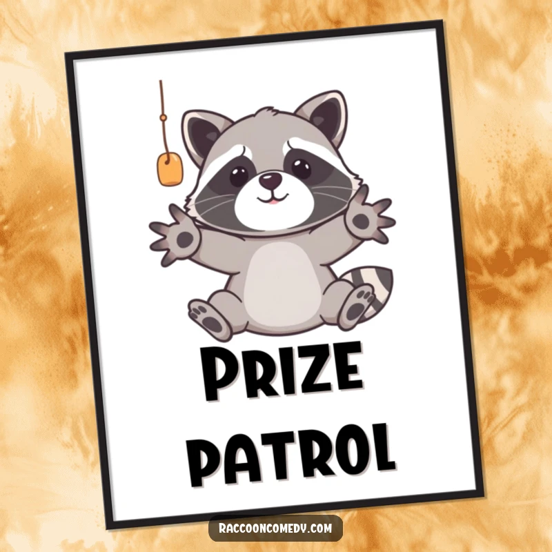 Funny raccoon digital art print showcasing a strategic trash panda with paws reaching for a prize, perfect for instant, humorous wall decor.