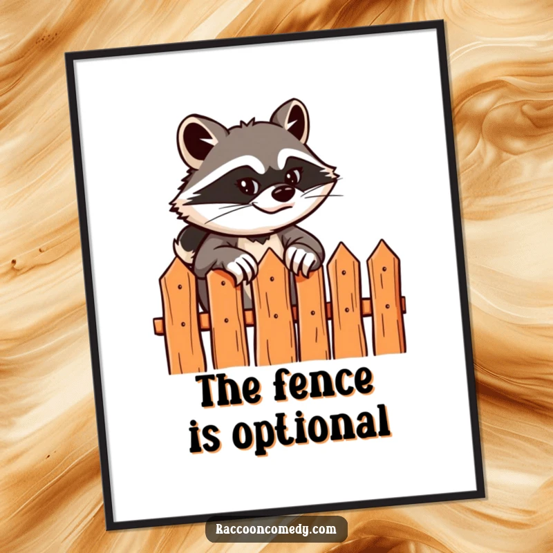 Funny digital art print of a sly raccoon with a grin scaling a fence, perfect for instant humorous decoration and adventurous spirit.