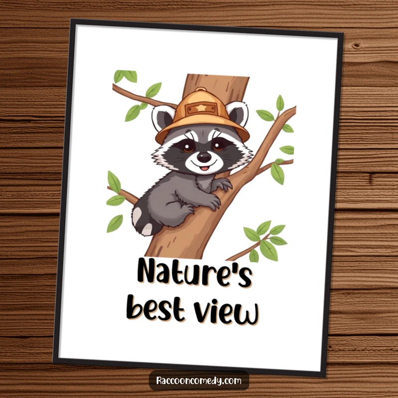 Funny digital art print of a smiling raccoon cub wearing an explorer hat, climbing a tree, a delightful and humorous printable wall art.