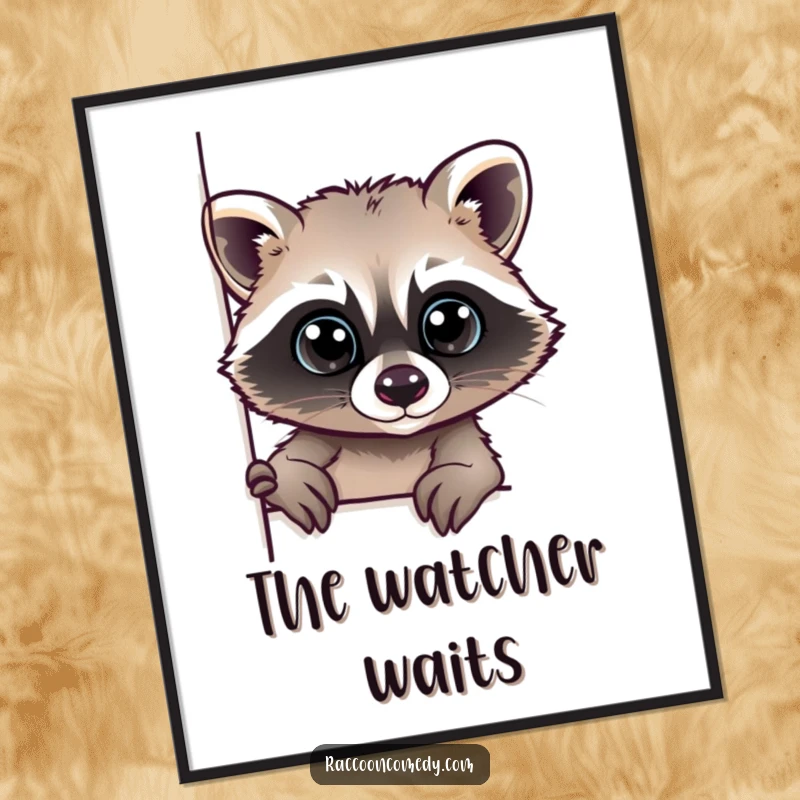 Funny, printable digital art of a raccoon with large, curious eyes peeking from around a corner, perfect for decor.